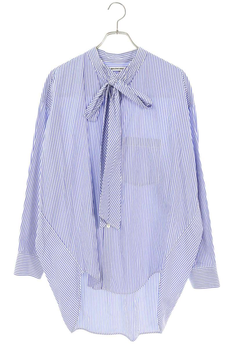 Balenciaga Blue White Stripe Back Logo Tie Blouse Size 32
