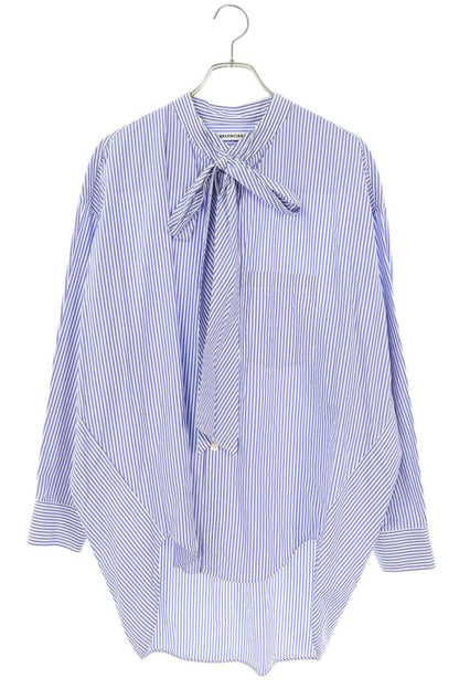 Balenciaga Blue White Stripe Back Logo Tie Blouse Size 32