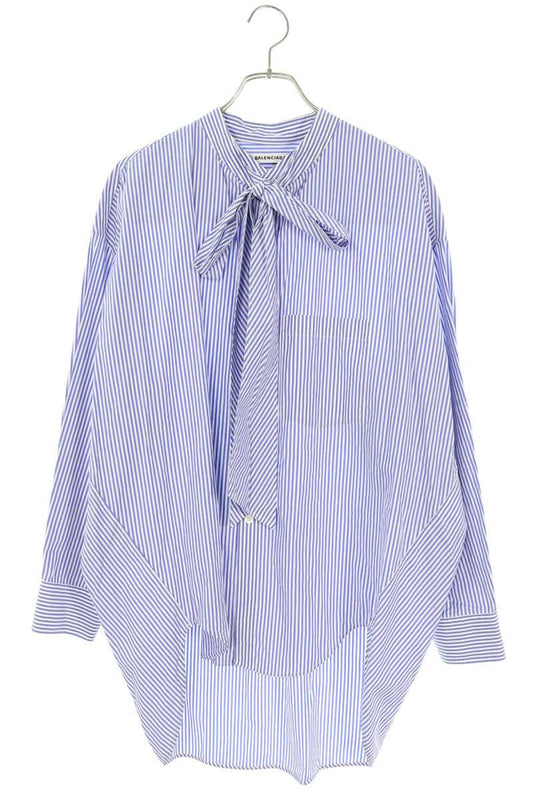 Balenciaga Blue White Stripe Back Logo Tie Blouse Size 32