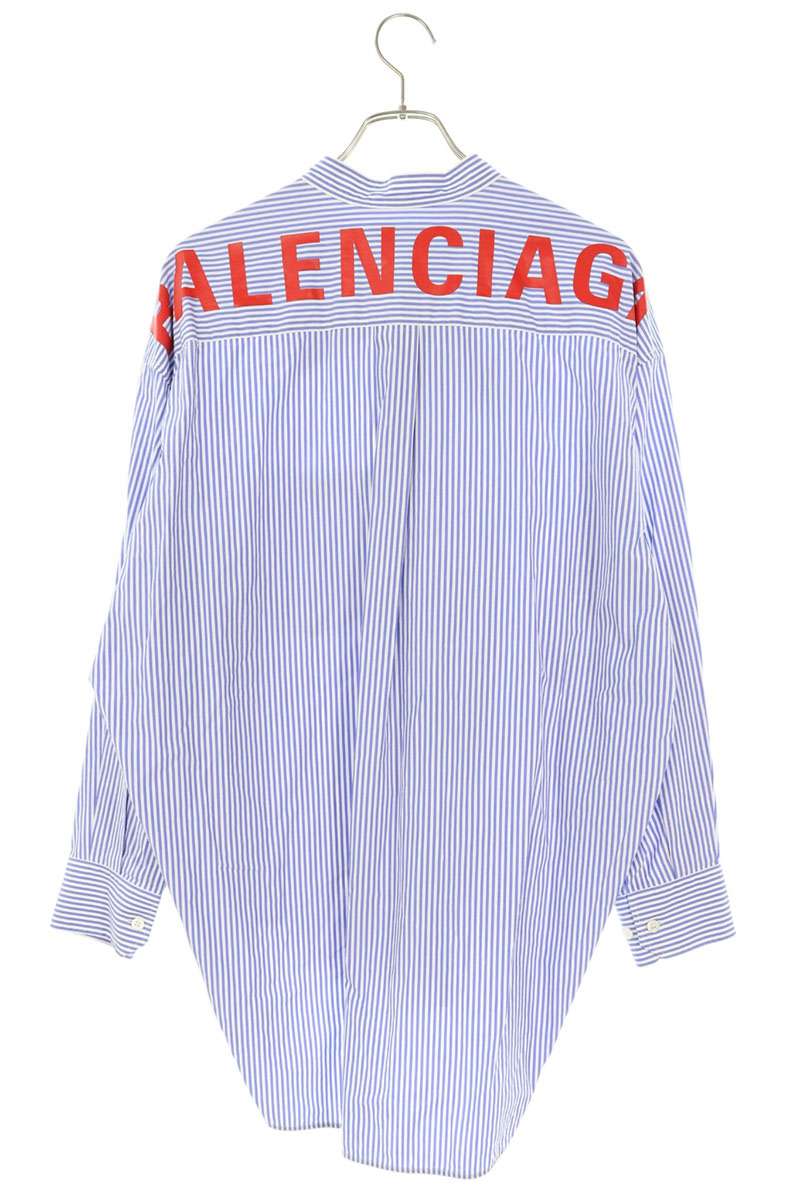 Balenciaga Blue White Stripe Back Logo Tie Blouse Size 32