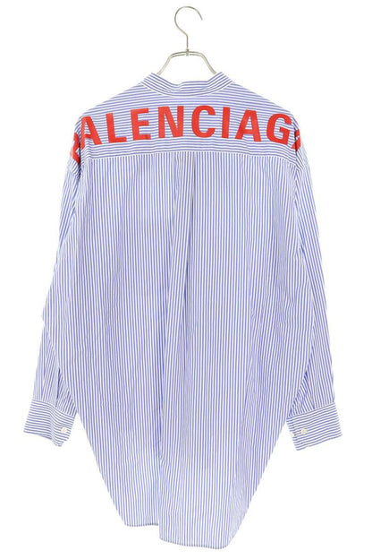 Balenciaga Blue White Stripe Back Logo Tie Blouse Size 32