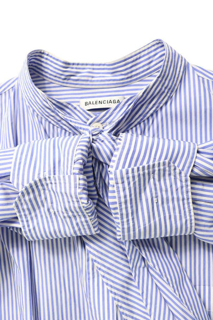Balenciaga Blue White Stripe Back Logo Tie Blouse Size 32