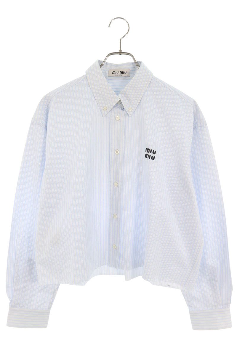 miumiu Logo Embroidered Stripe Cropped Cotton Shirt Size 38