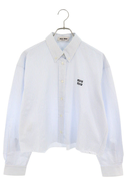 miumiu Logo Embroidered Stripe Cropped Cotton Shirt Size 38