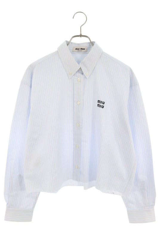 miumiu Logo Embroidered Stripe Cropped Cotton Shirt Size 38