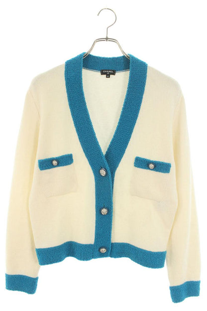 Chanel Cashmere Blend White Blue Cardigan Size 42