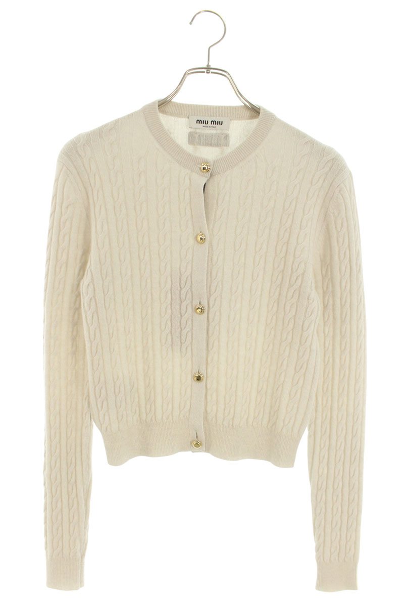 Miu Miu Logo Patch Cashmere Cardigan Off-White Gold Size 36