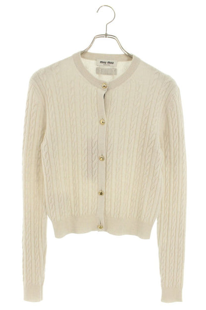 Miu Miu Logo Patch Cashmere Cardigan Off-White Gold Size 36