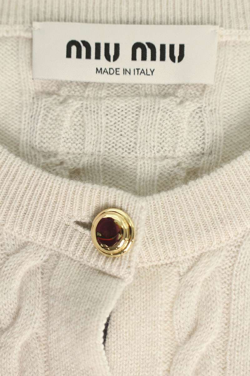 Miu Miu Logo Patch Cashmere Cardigan Off-White Gold Size 36