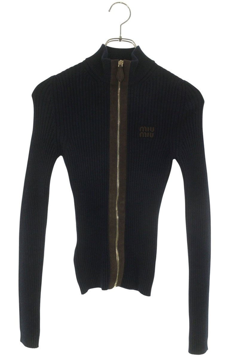 Miu Miu Leather Trim Cashmere Zip Rib Knit Cardigan Size 36