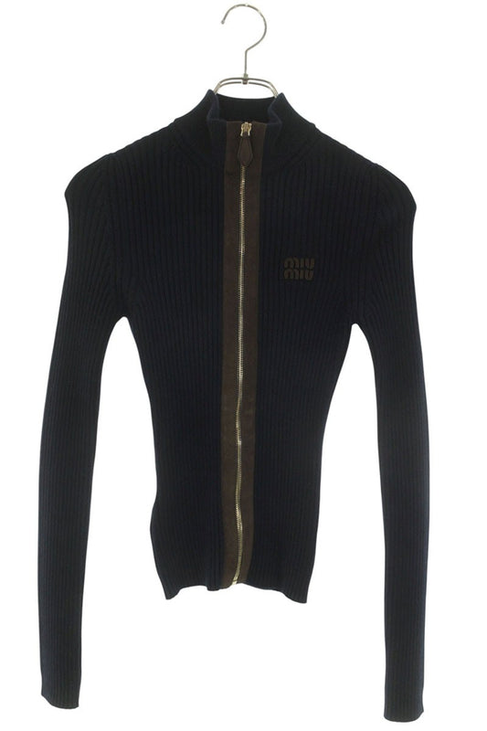 Miu Miu Leather Trim Cashmere Zip Rib Knit Cardigan Size 36