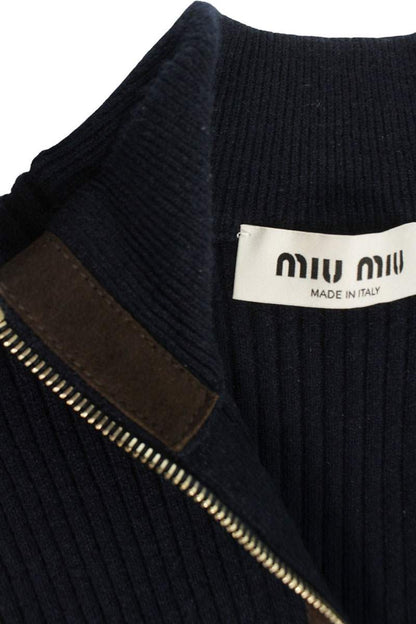 Miu Miu Leather Trim Cashmere Zip Rib Knit Cardigan Size 36