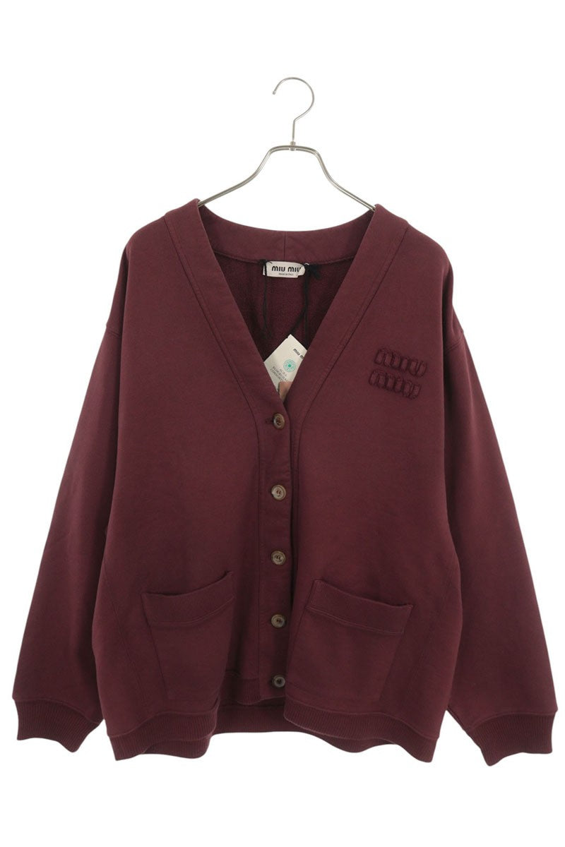 Miu Miu Bordeaux Logo Patch Cotton Sweat Cardigan Size M
