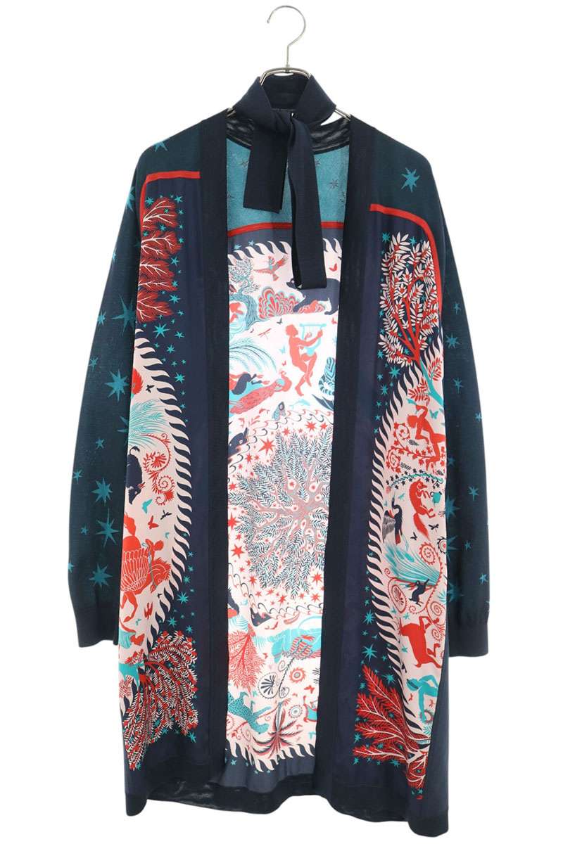 HERMES Belted Silk Long Cardigan Navy Size 42