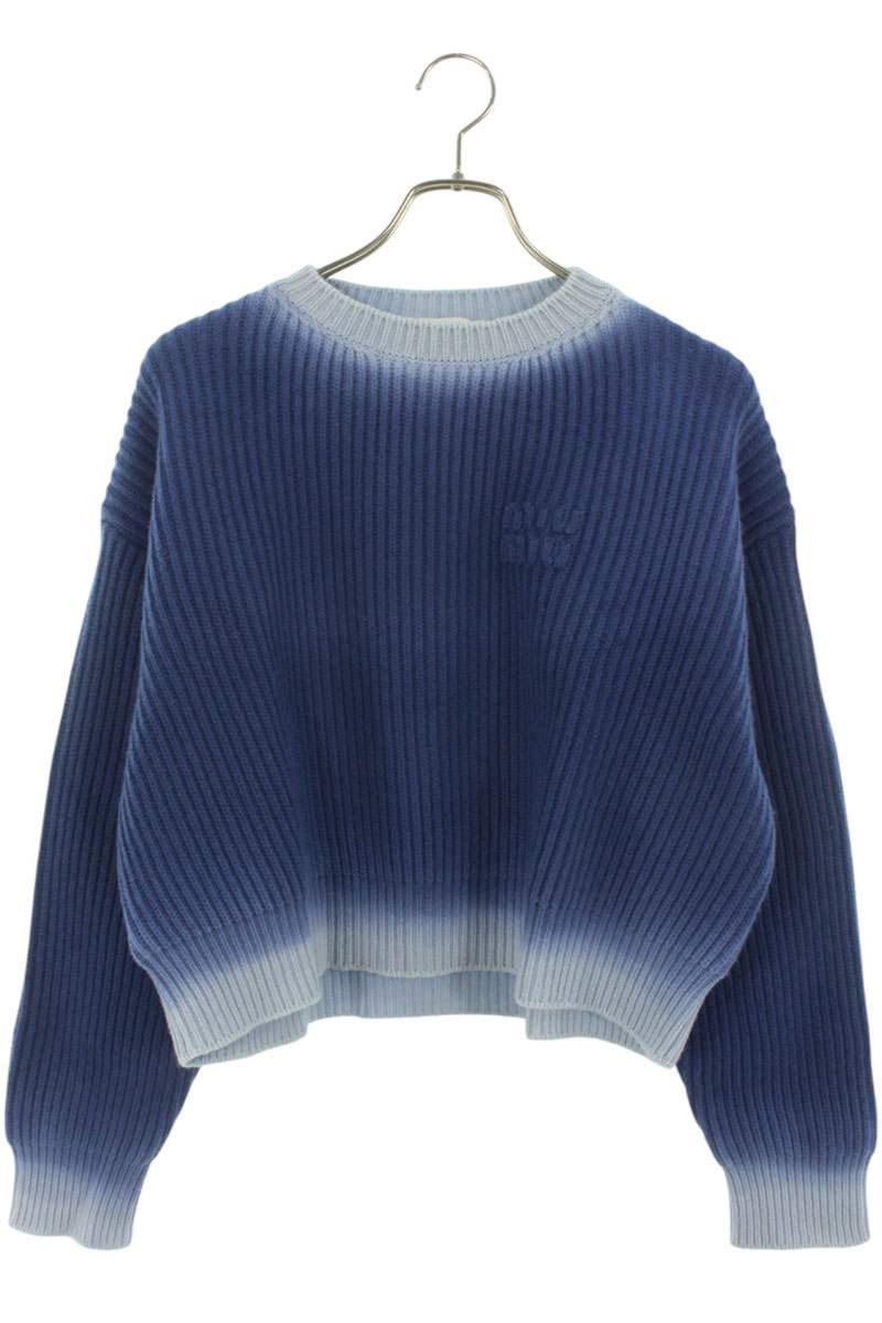Miu Miu Blue Logo Embroidered Cropped Wool Sweater Size 38