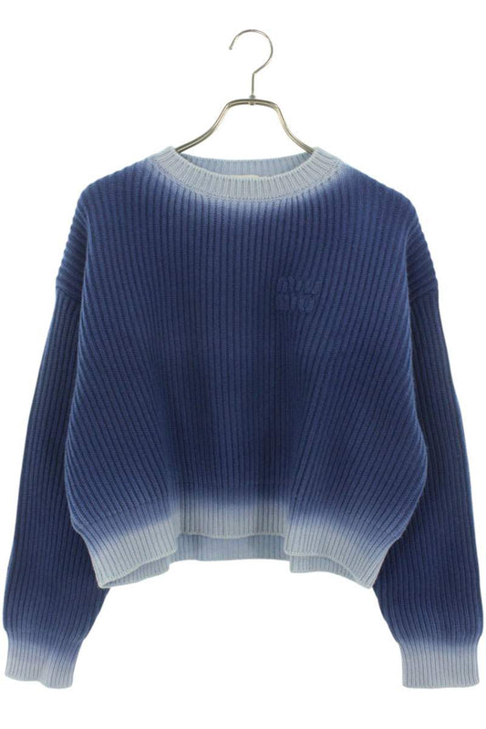 Miu Miu Blue Logo Embroidered Cropped Wool Sweater Size 38