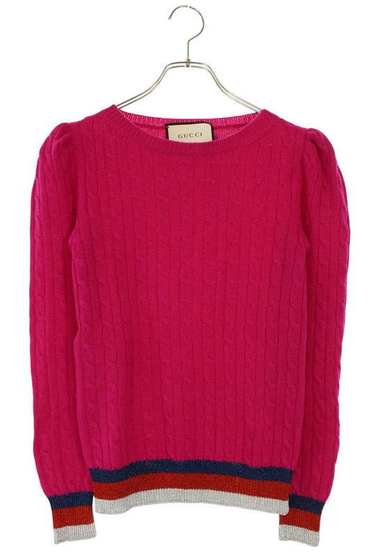 Gucci Pink Cable Knit Web Stripe Cashmere Sweater Size XS