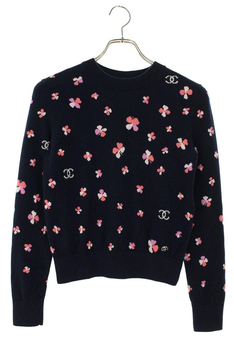 Chanel Coco Mark Clover Knit Sweater Navy Cashmere Size 34