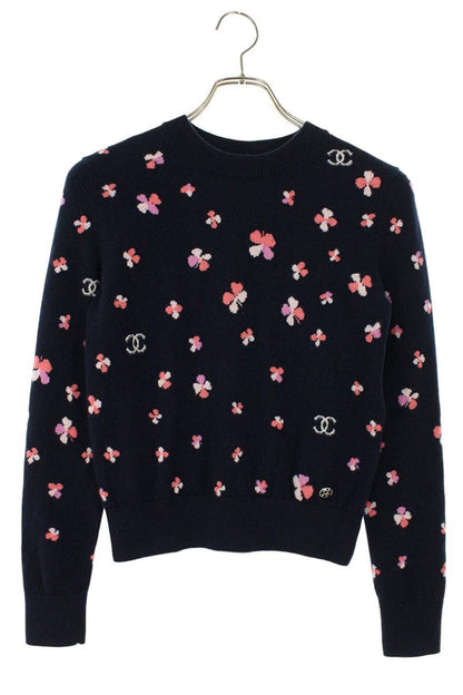 Chanel Coco Mark Clover Knit Sweater Navy Cashmere Size 34