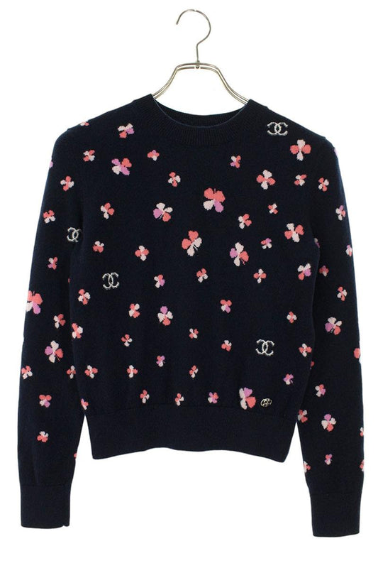 Chanel Coco Mark Clover Knit Sweater Navy Cashmere Size 34