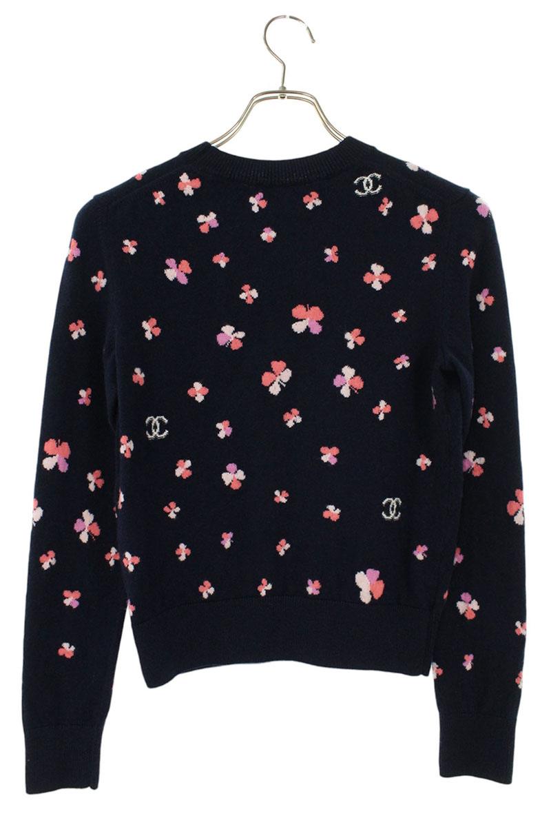 Chanel Coco Mark Clover Knit Sweater Navy Cashmere Size 34