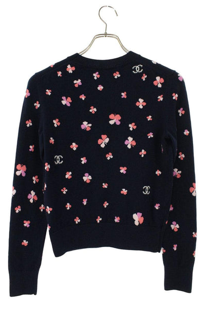 Chanel Coco Mark Clover Knit Sweater Navy Cashmere Size 34