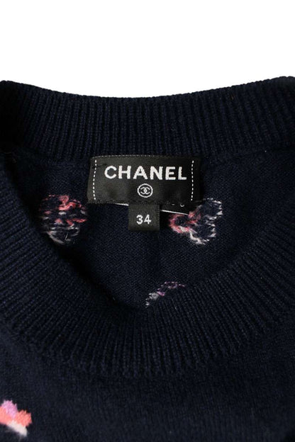 Chanel Coco Mark Clover Knit Sweater Navy Cashmere Size 34