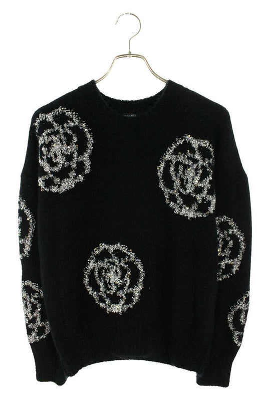 Chanel Camellia Sequin Black Silver Sweater Size 38