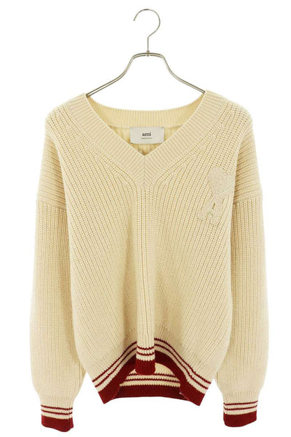 AMI Wool Heart Logo V-Neck Sweater Beige/Red Size XS