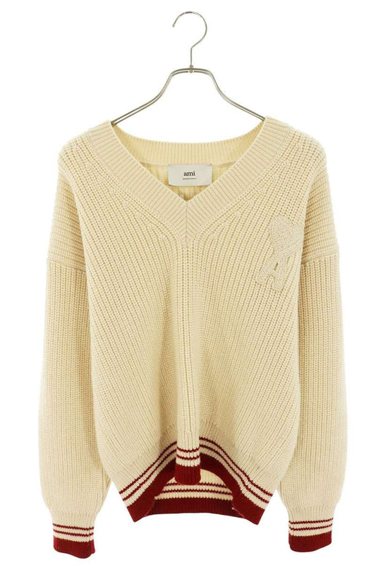 AMI Wool Heart Logo V-Neck Sweater Beige/Red Size XS