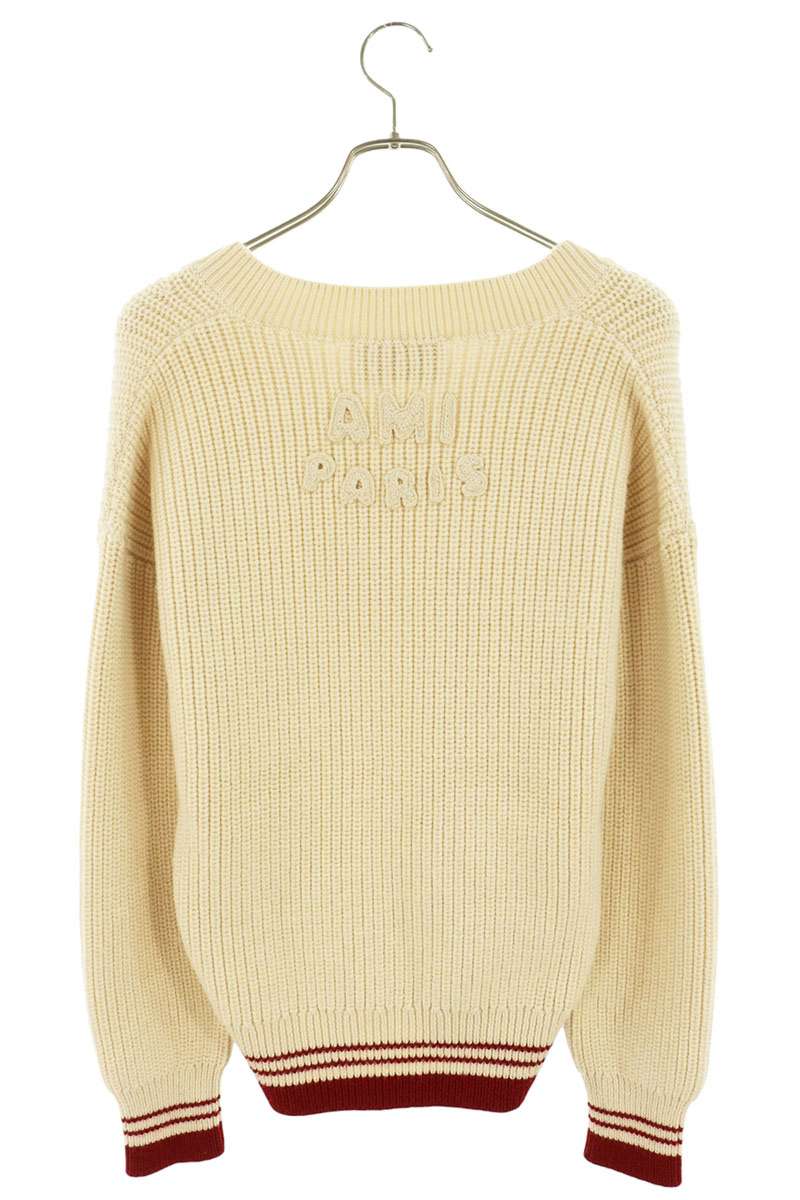 AMI Wool Heart Logo V-Neck Sweater Beige/Red Size XS