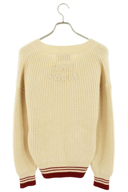 AMI Wool Heart Logo V-Neck Sweater Beige/Red Size XS
