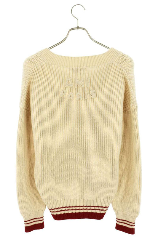 AMI Wool Heart Logo V-Neck Sweater Beige/Red Size XS