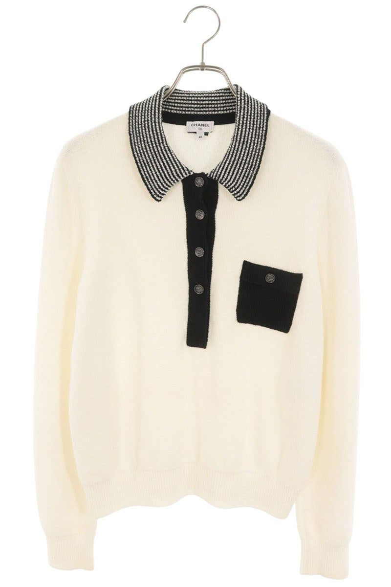 Chanel Coco Mark Button Knit Polo Off-White/Black Size 40