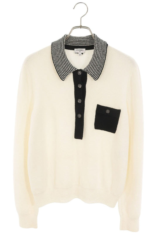 Chanel Coco Mark Button Knit Polo Off-White/Black Size 40
