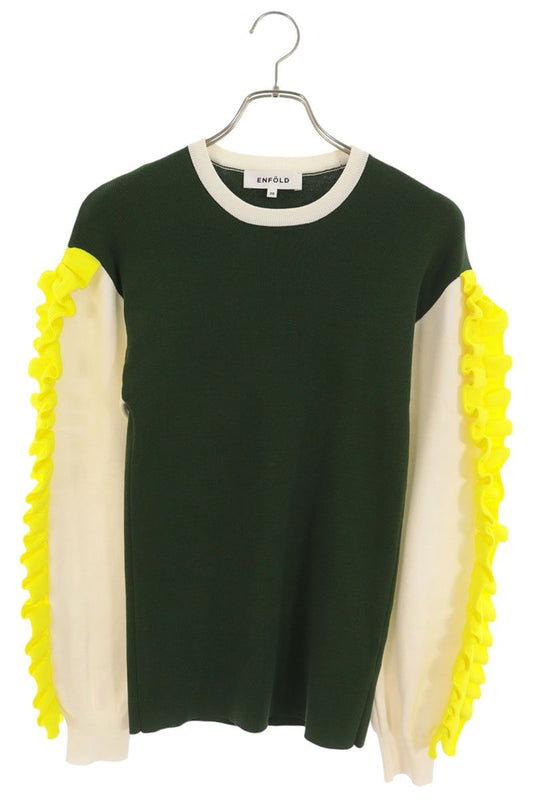 ENFOLD Ruffle-Design Crew Neck Knit Sweater Size 38