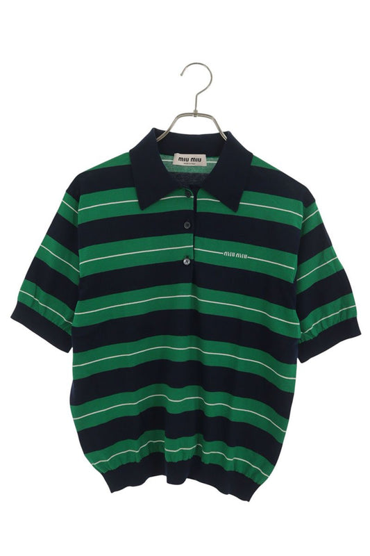 Miu Miu Logo Border Cotton Polo Knit Navy Green Size 36