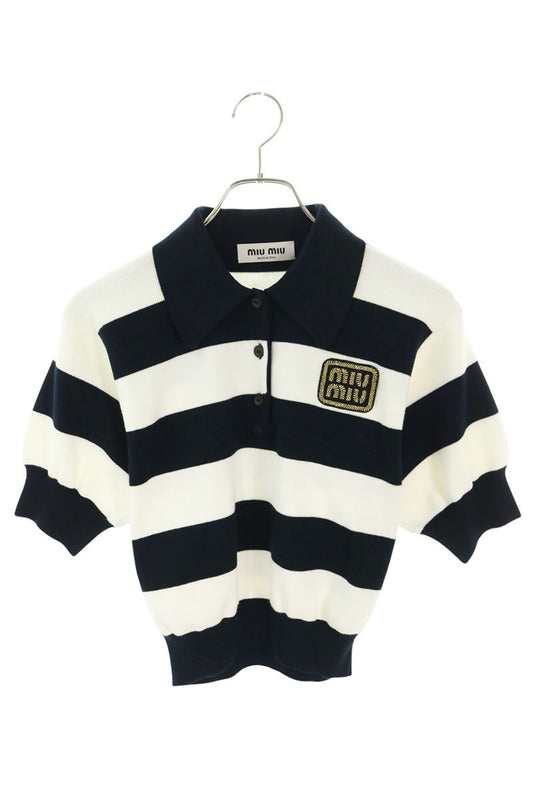 miumiu Logo Patch Striped Short Polo Navy/White Size 36