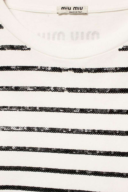 Miu Miu Sequin Striped Long Sleeve Cotton Top x Black Size M