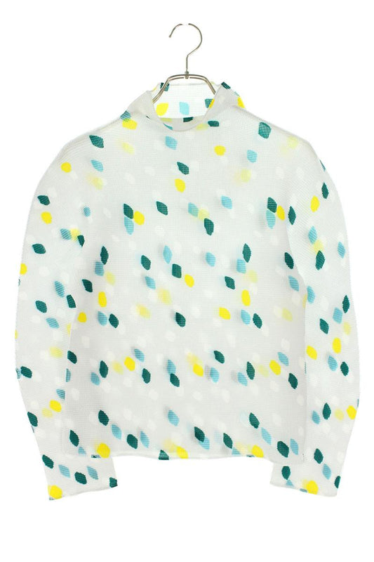 Japanese Brand High Neck Pleated Long Sleeve Top White Multi