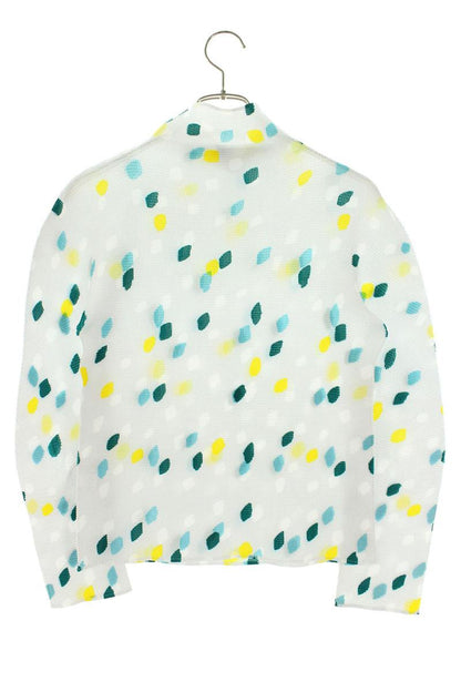 Japanese Brand High Neck Pleated Long Sleeve Top White Multi