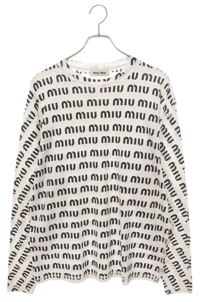 Miu Miu All-Over Logo Long Sleeve Top White Black Size XS
