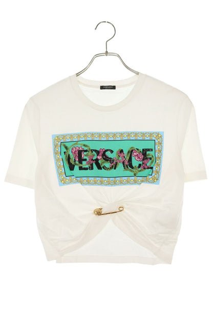 Versace Safety Pin Sequin Logo Print White Gold Size 36