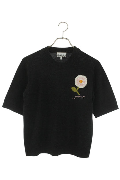 Ganni Flower Embroidered Knit T-Shirt 26SS Black