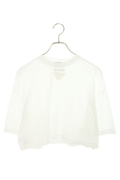 Prada White Cotton Cropped Logo Plate T-Shirt Size XS