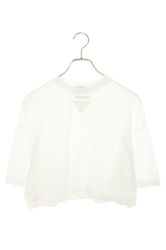 Prada White Cotton Cropped Logo Plate T-Shirt Size XS