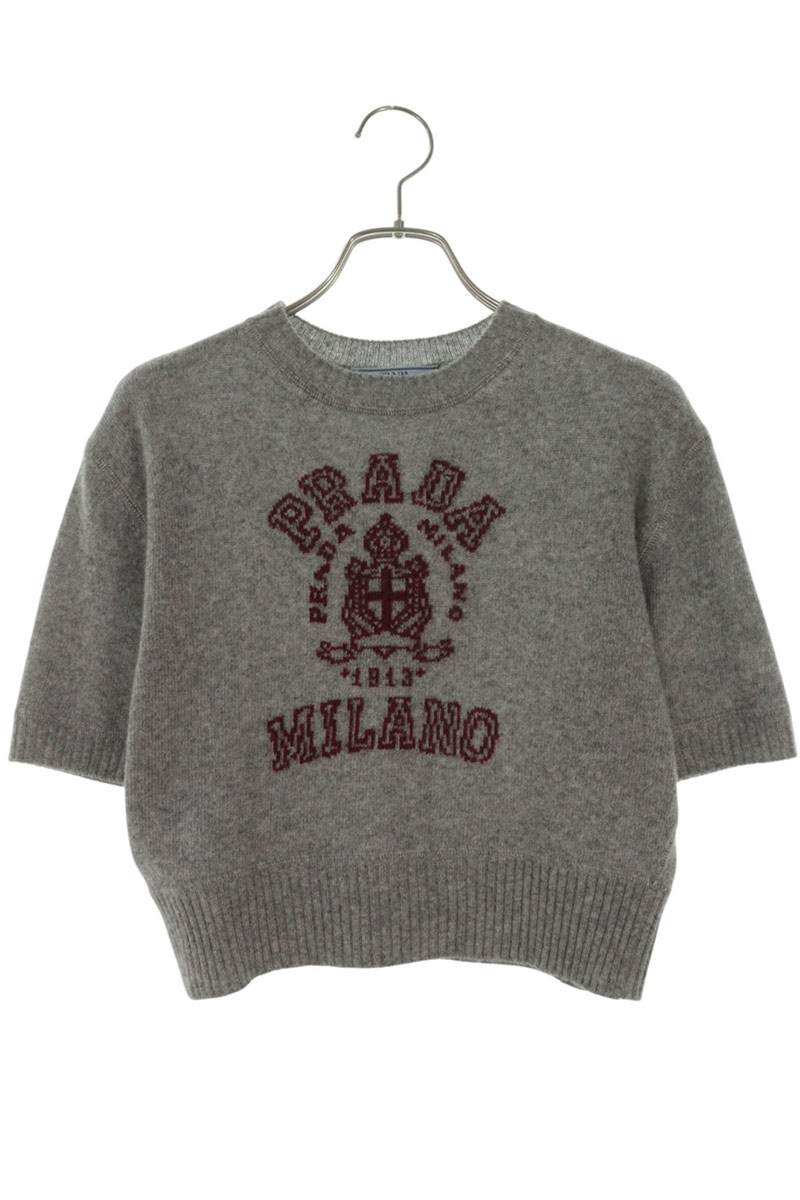 Prada Gray Wool Cashmere Intarsia Logo Knit T-Shirt Size 36
