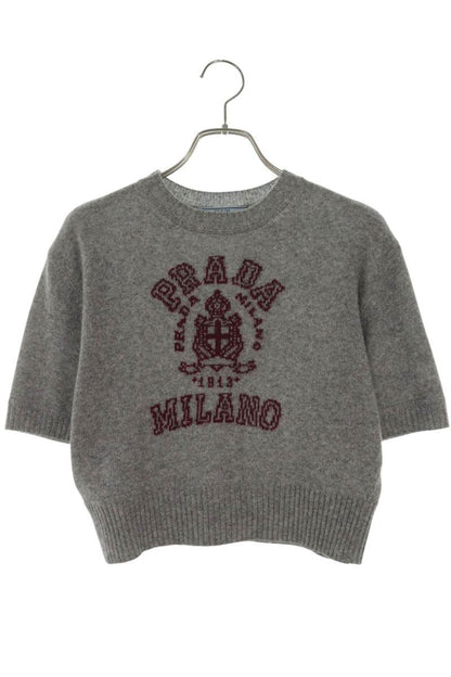 Prada Gray Wool Cashmere Intarsia Logo Knit T-Shirt Size 36