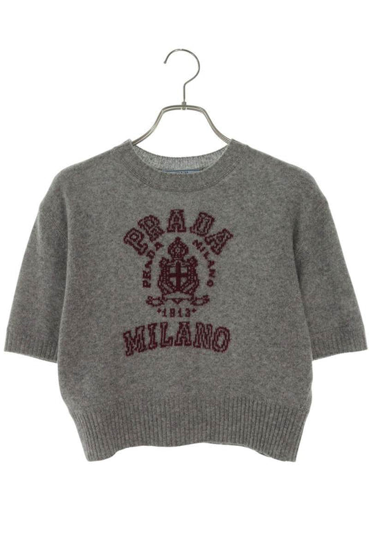 Prada Gray Wool Cashmere Intarsia Logo Knit T-Shirt Size 36