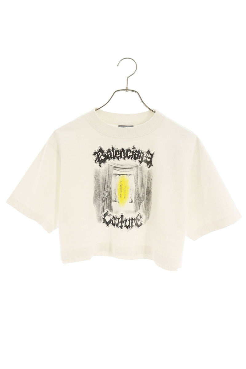 BALENCIAGA Distressed Logo Cropped T-Shirt White Size XS